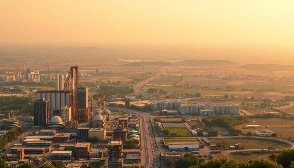 Detailed economic analysis of India's development, captured through a panoramic landscape view. In the foreground, a bustling urban center with skyscrapers, factories, and transportation hubs, symbolizing rapid industrialization. In the middle ground, rolling hills and farmlands, representing the country's agricultural heritage. The background features a hazy horizon, hinting at the complex challenges and uncertainties that lie ahead. Warm, golden lighting illuminates the scene, conveying a sense of optimism and progress. The composition is shot from a slightly elevated angle, providing a comprehensive overview of India's multifaceted economic growth and development. Detailed economic analysis of India's development, captured through a panoramic landscape view. In the foreground, a bustling urban center with skyscrapers, factories, and transportation hubs, symbolizing rapid industrialization. In the middle ground, rolling hills and farmlands, representing the country's agricultural heritage. The background features a hazy horizon, hinting at the complex challenges and uncertainties that lie ahead. Warm, golden lighting illuminates the scene, conveying a sense of optimism and progress. The composition is shot from a slightly elevated angle, providing a comprehensive overview of India's multifaceted economic growth and development.