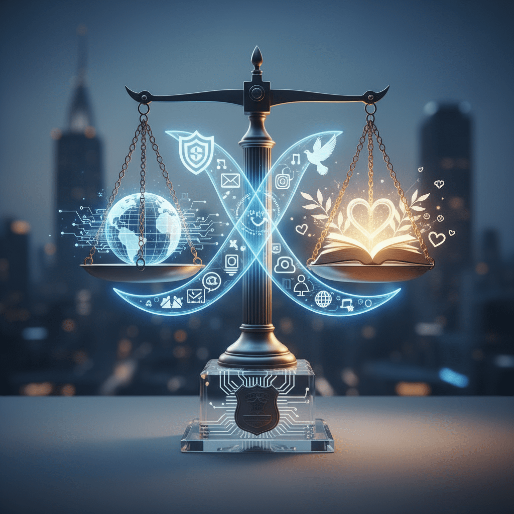 Scales of justice merging with digital symbols, representing balance between technology and ethics in law enforcement.