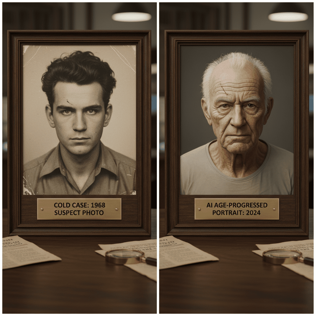 Side-by-side images: old photograph of a suspect and an AI-generated age-progressed portrait.