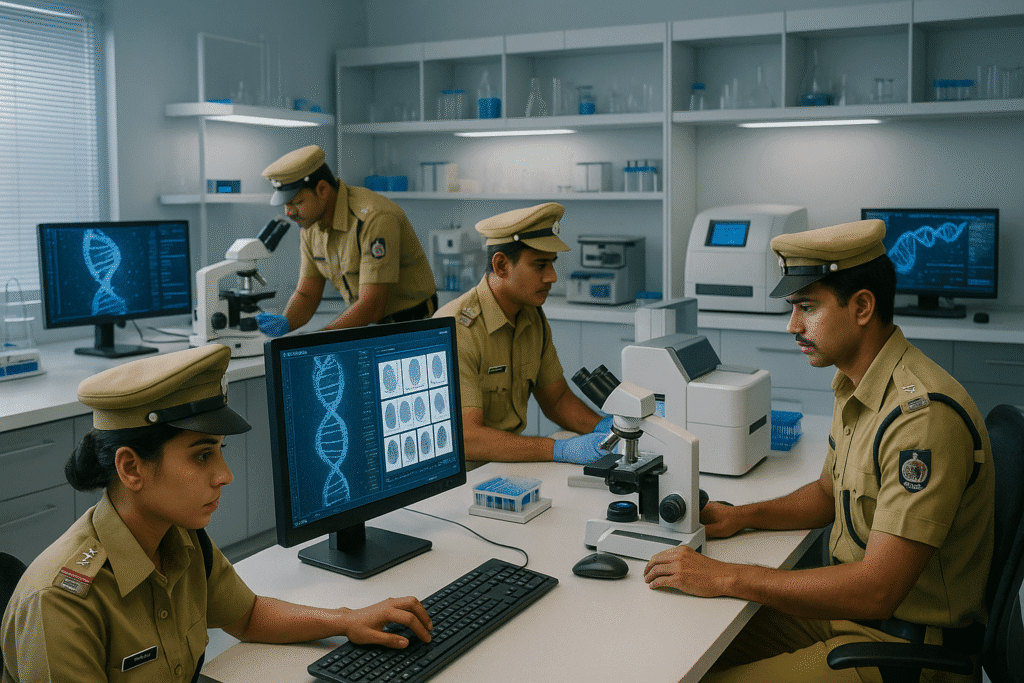 Modern forensic lab with police officers using computers and advanced genetic equipment.