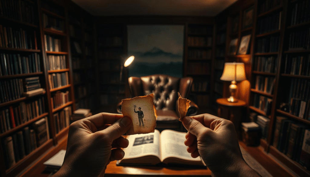 A serene, dimly lit study with bookshelves lining the walls, casting soft shadows. A worn leather armchair sits in the center, surrounded by scattered papers and an open journal. The room is illuminated by a single table lamp, its warm glow reflecting off the polished wood surfaces. In the foreground, a pair of hands holds a fragmented photograph, its edges frayed, evoking a sense of nostalgia and regret. The background fades into a dreamlike, blurred landscape, hinting at the protagonist's introspective journey through memories and self-reflection.