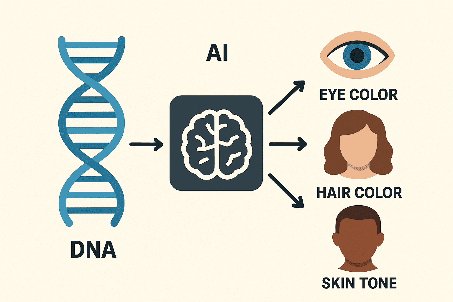 Diagram showing AI predicting physical traits from a DNA strand: eye color, hair color, skin tone.